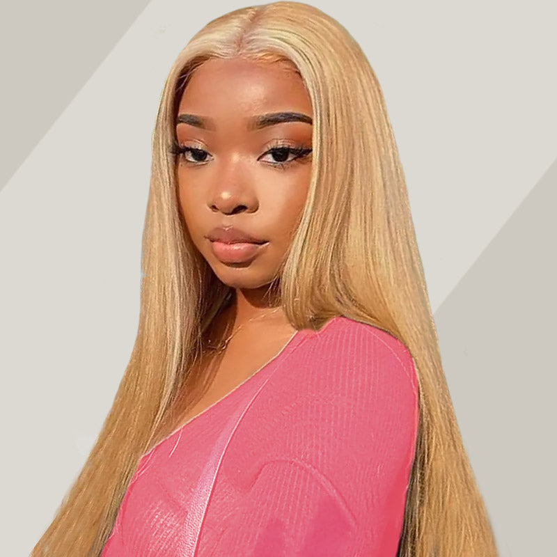 Model Displaying Long Honey Blonde Straight Hair, Highlighting Its Shine and Smoothness