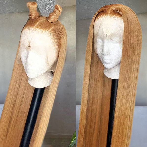 Honey Blonde Straight Wig Style On Mannequin With Top Knots and Sleek Hair