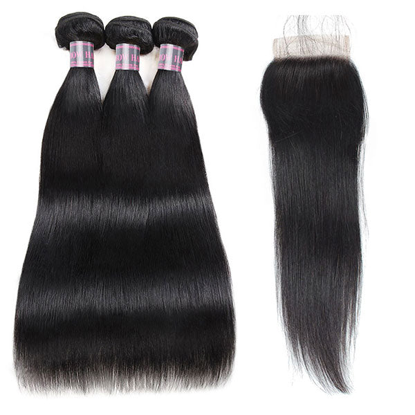 Three Bundles of Straight Natural Black Human Hair With a Lace Closure