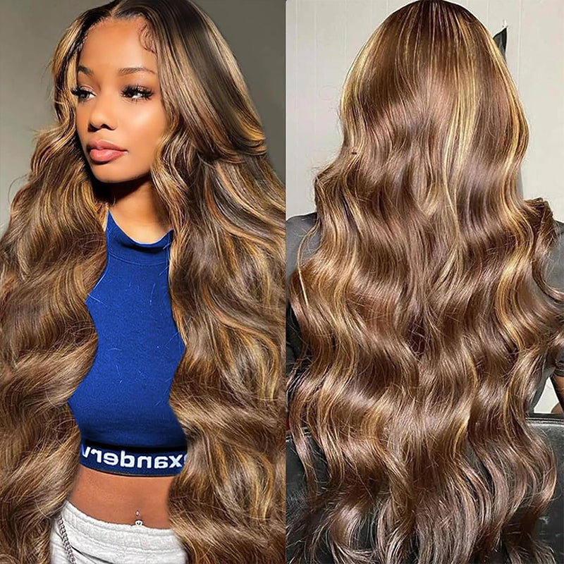 Model With P4/27 Highlighted Body Wave Hair Bundles and Lace Closure, Smiling and Posing