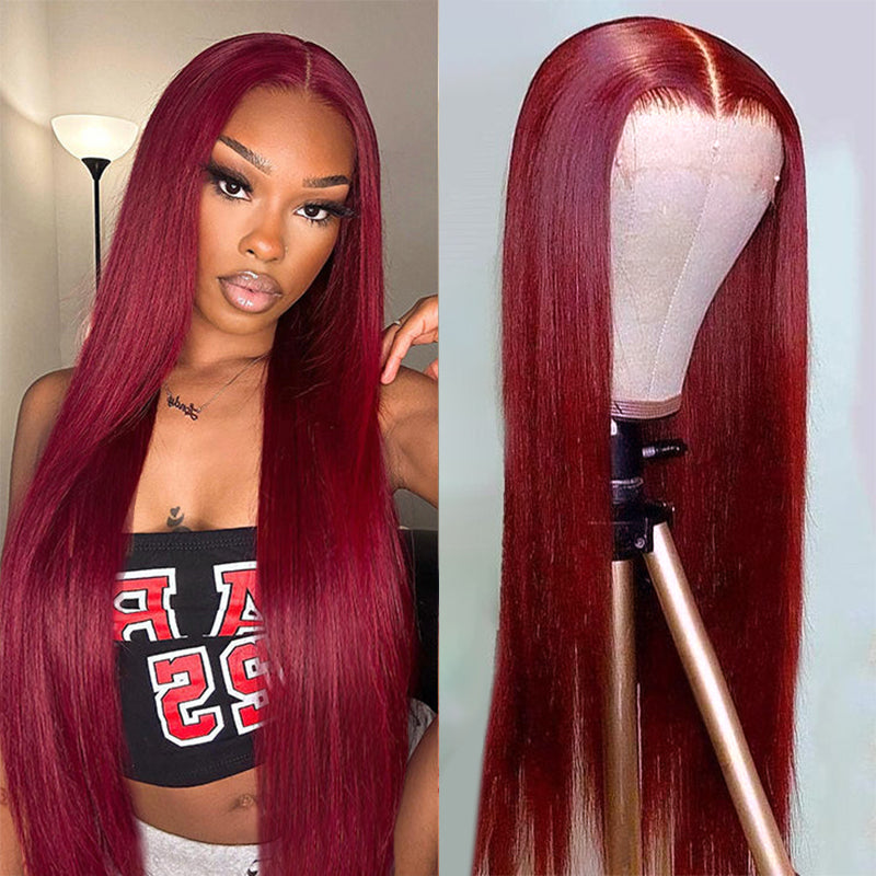 Burgundy Lace Front Wigs 32 Inch HD Human Hair Wigs Straight Colored Wigs With Baby Hair