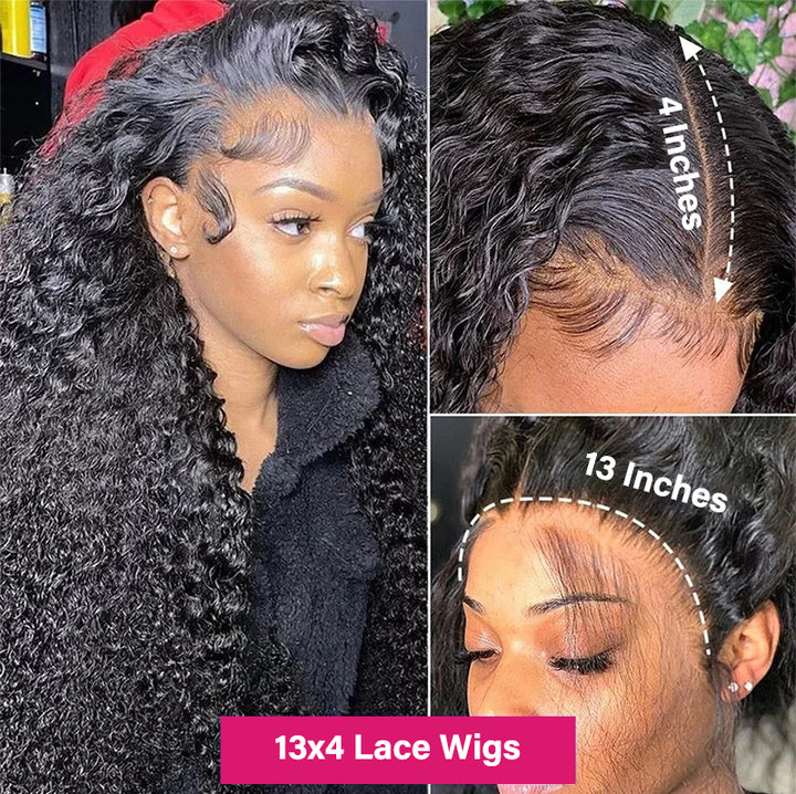Kinky Curly 13X4 Lace Front Wig in Natural Black, Showcasing Curls and Pre-Plucked Hairline