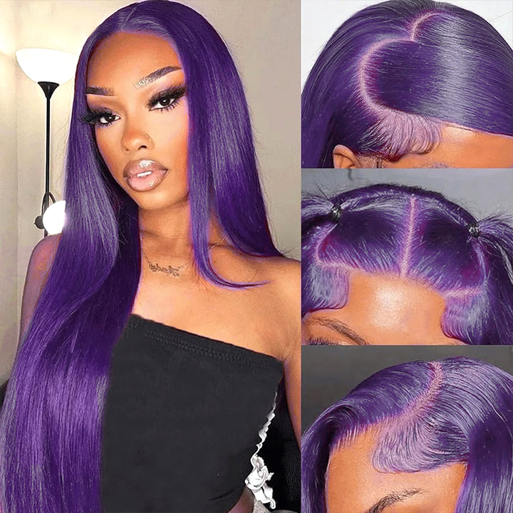 Dark Purple Straight Lace Front Wig Styling On Model and Close-Ups of Hairline