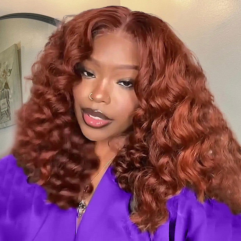 Auburn Loose Deep Wave Wig Worn By Model, Styled for a Glamorous Look