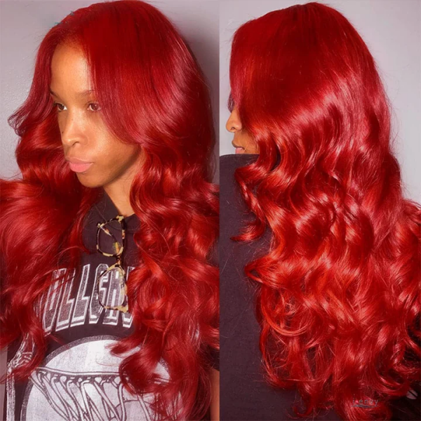 Model With Flowing Vibrant Red Body Wave Hairstyle Demonstrating Wig's Beauty