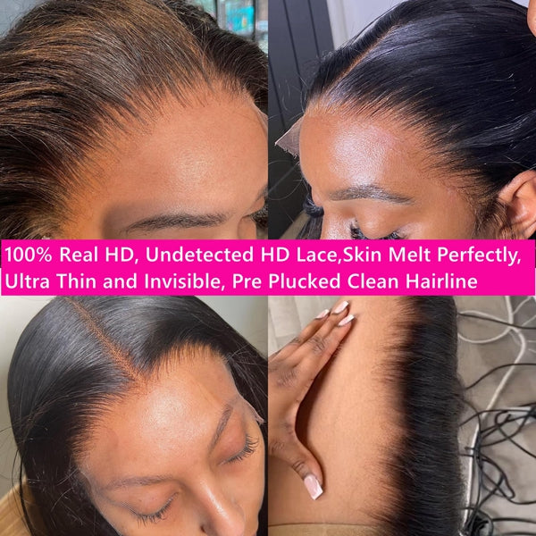 Close-Up of Ultra-Thin HD Lace Wig Showing Pre-Plucked Hairline and Natural Blend