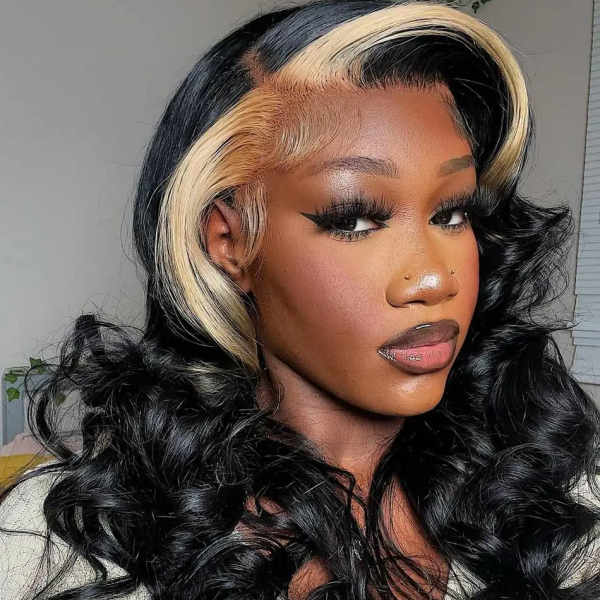 Model Showcasing Glueless Blonde Skunk Stripe Body Wave Wig With Natural Hairline