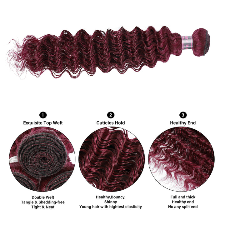 99J Burgundy Deep Wave Hair Bundles With Bouncy Curls and Shiny Surface