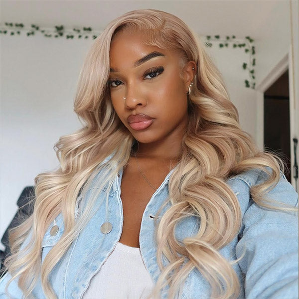 Model With Barbie Blonde Body Wave Wig, Wearing a Denim Jacket