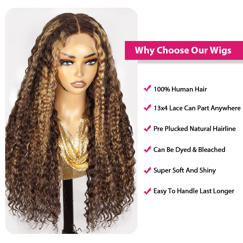 Woman wearing Ishow Honey Blonde Deep Wave Wig with HD Lace, middle part, 100% human hair