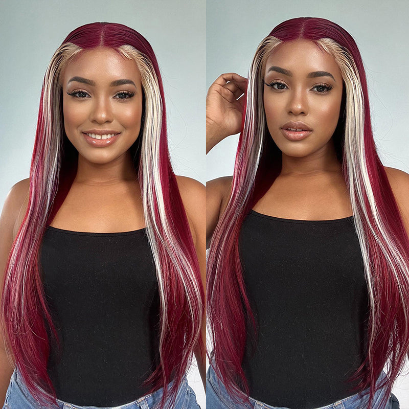 99J Burgundy With 613 Blonde Highlights 13x4 Bone Straight Skunk Stripe Wig HD Lace Wigs