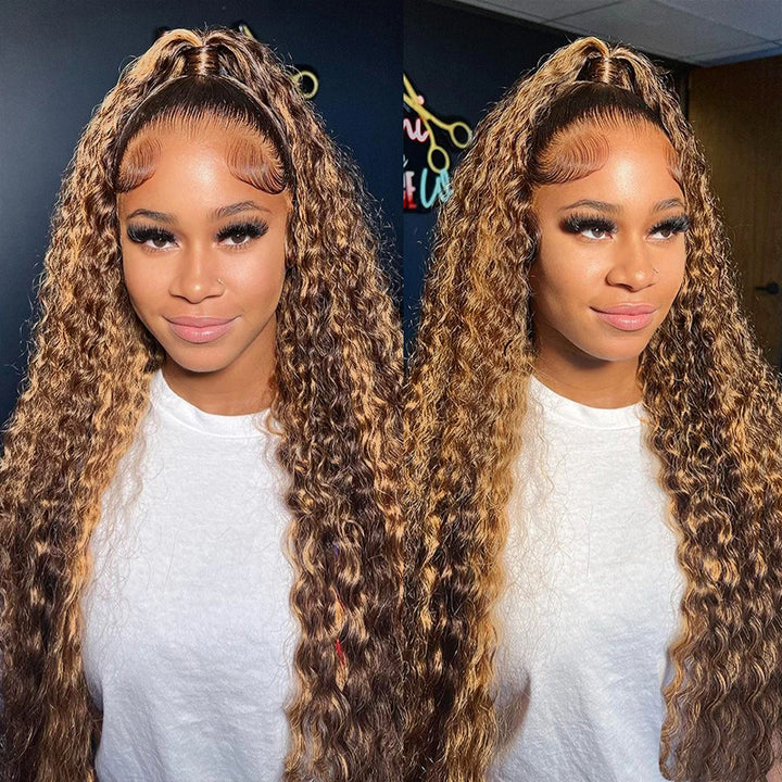 Honey Blonde Deep Wave Hair Extensions Styled in a Half-Up, Half-Down Look