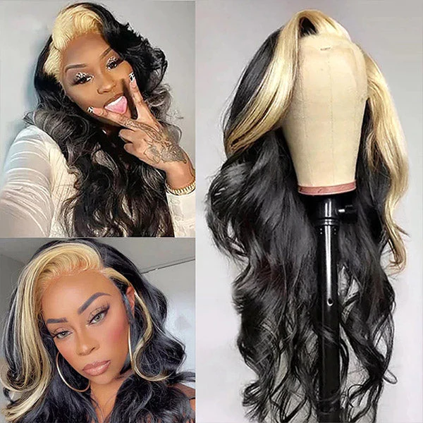 Body Wave Wig With Blonde Skunk Stripes Displayed On Mannequin and Model
