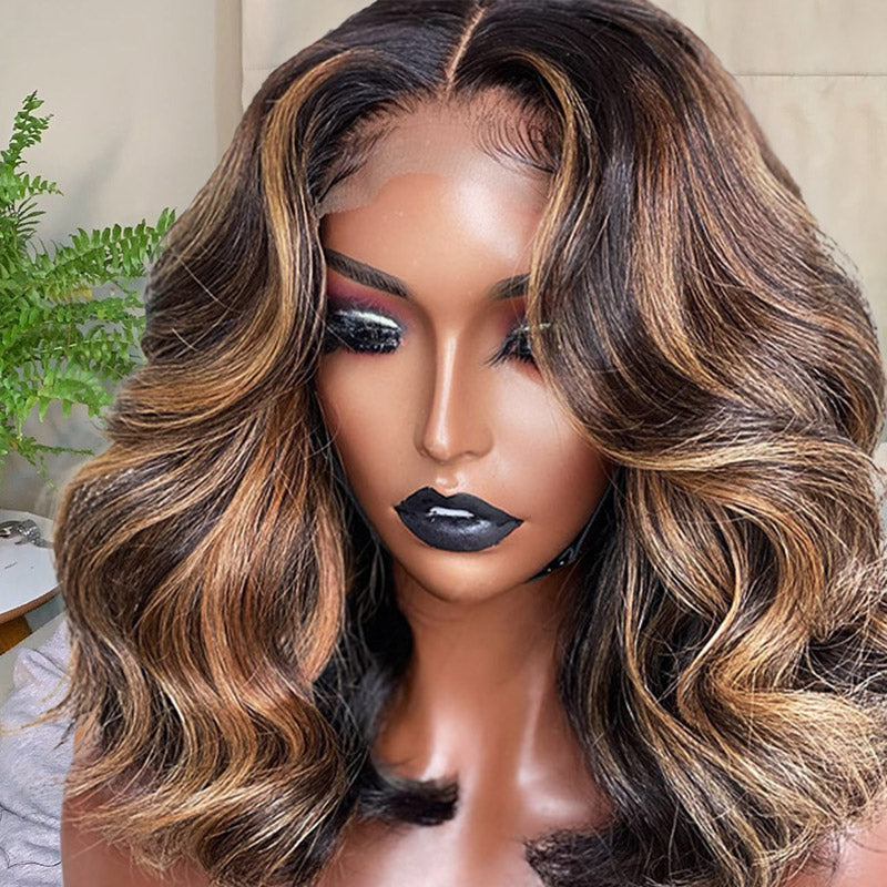 Highlight Blonde Bob Wig Styled in Soft Curls, Showcasing Body Wave Texture