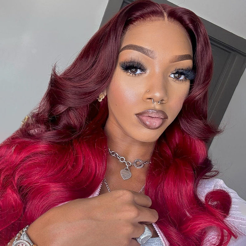 Woman Wearing Ishow 99J Burgundy Red Body Wave Wig