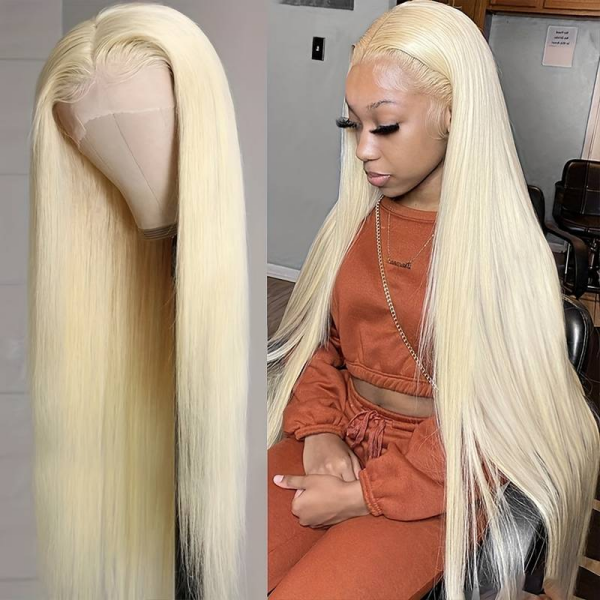 Woman wearing Ishow Glueless Pre Cut Lace Wig 613 Blonde Straight Lace Frontal Human Hair, showcasing long, sleek, blonde hair with a natural-looking hairline, standing in front of blurred neon light signage.