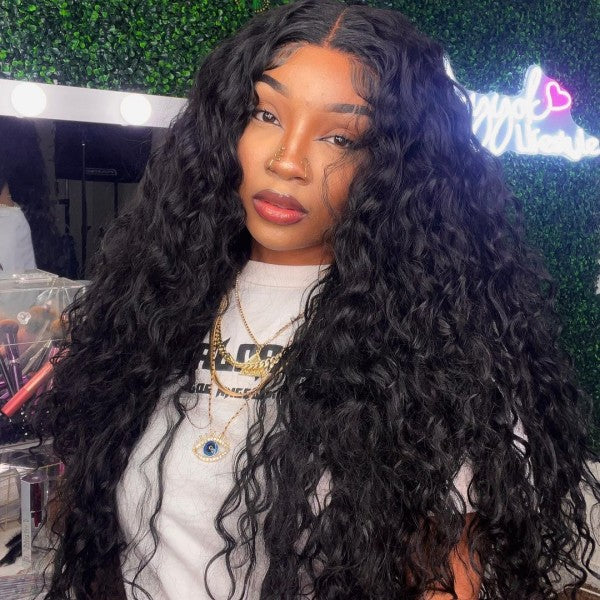 Woman With Long Water Wave Black Wig Showcasing Natural Hairline
