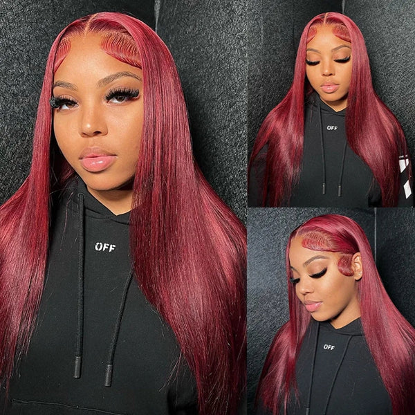 Sleek Burgundy Straight Wig On Woman Featuring Baby Hairs and a Casual Black Hoodie