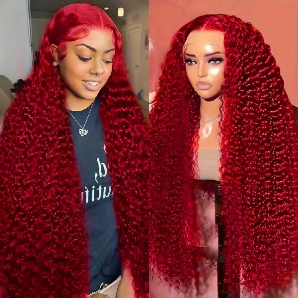 Woman wearing Ishow red color kinky curly lace front wig with pre-plucked hairline and natural baby hair, 100% human hair
