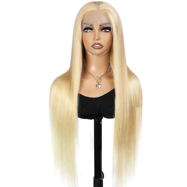 613 Blonde Lace Front Wig On Mannequin With Long, Straight Style and Natural Hairline