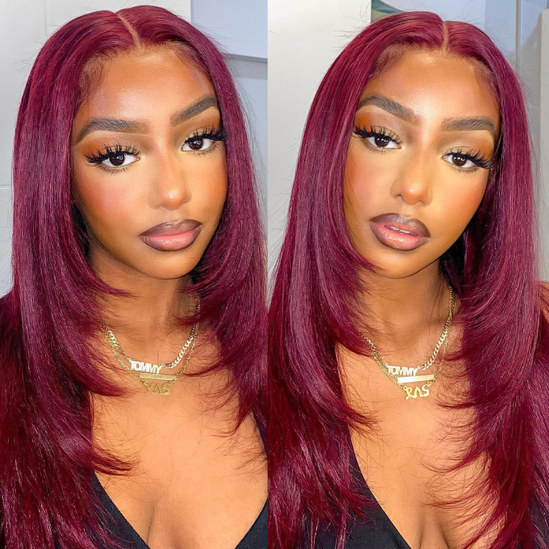 Ishow 99J Burgundy Layered Cut Wig On a Woman