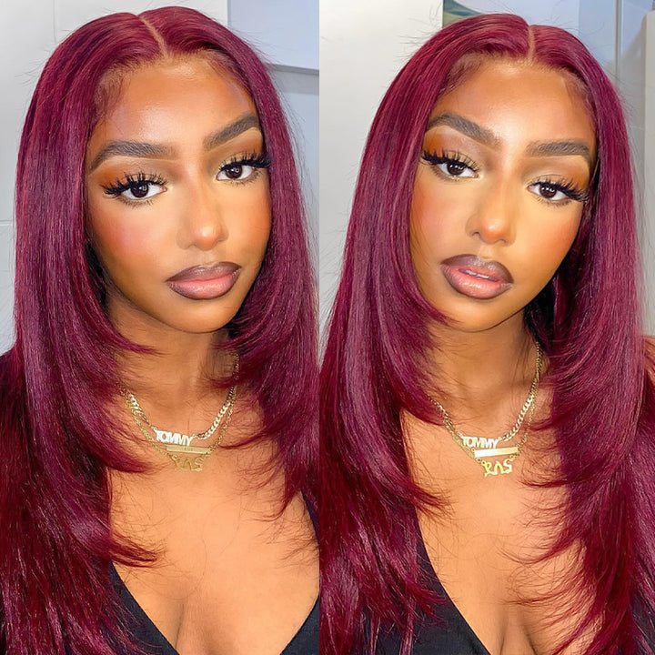 Ishow 99J Burgundy Layered Cut Wig On a Woman