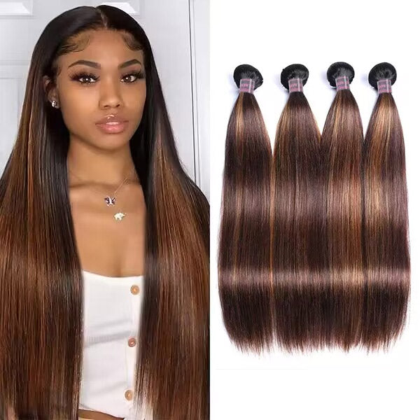 Model wearing long straight T1b 4/30 highlighted hair extensions from Ishow Beauty next to four bundles of Brazilian straight hair in the same color, highlighting quality and texture.