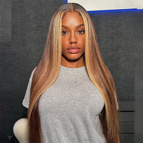Close-up of Ishow PPB™ Invisible Knots HD Lace Balayage Straight Human Hair Wig features, including HD lace, invisible knots, and pre-plucked hairline with text detailing benefits.