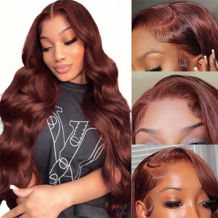 Model Displaying Auburn Body Wave Human Hair Wig at Different Angles With Pre-Plucked Hairline