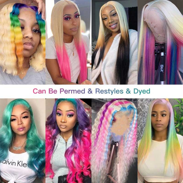 Diverse Vibrant Wigs With Options for Perming, Restyling, and Dyeing Displayed in a Collage