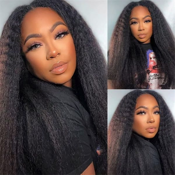 Model Wearing Kinky Straight Human Hair Wig With Natural Makeup and Soft Waves