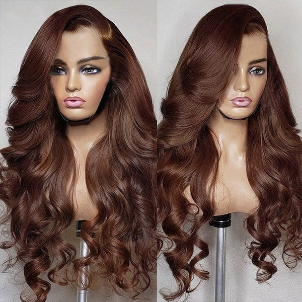 Long Brown Body Wave Wig On Mannequin Showcasing Soft, Voluminous Curls