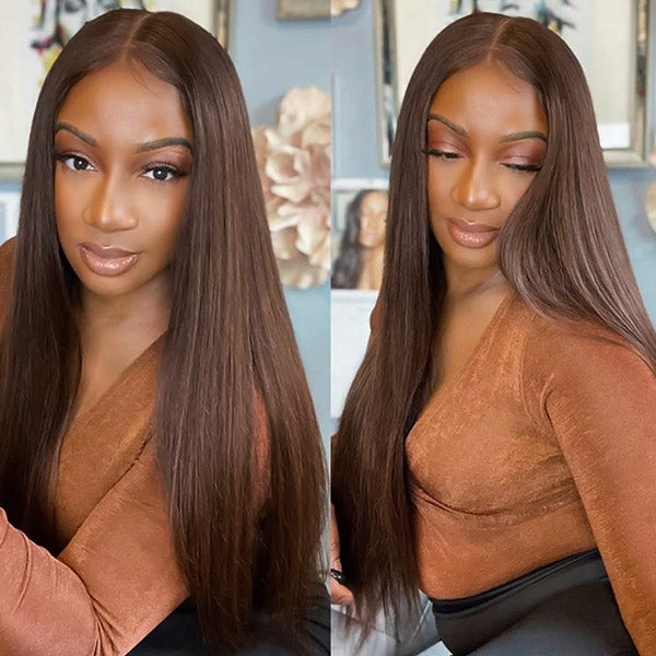 Brown Straight Human Hair Wig On a Woman