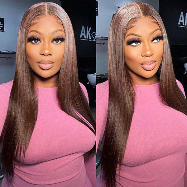 Brown Straight Lace Front Wig On Woman, #4 Brown Color