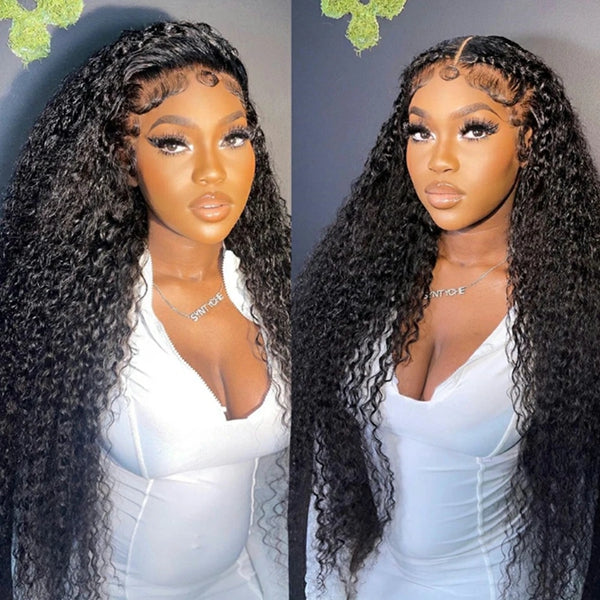 Model With Long Water Wave Wig in Natural Black Color Styled With Curls and Baby Hairs