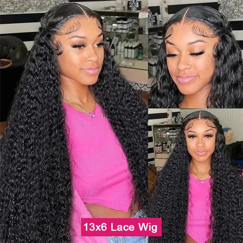 Deep curly frontal lace wig 13x6 Indian lace front in natural black on mannequin, styled with long deep wave textures