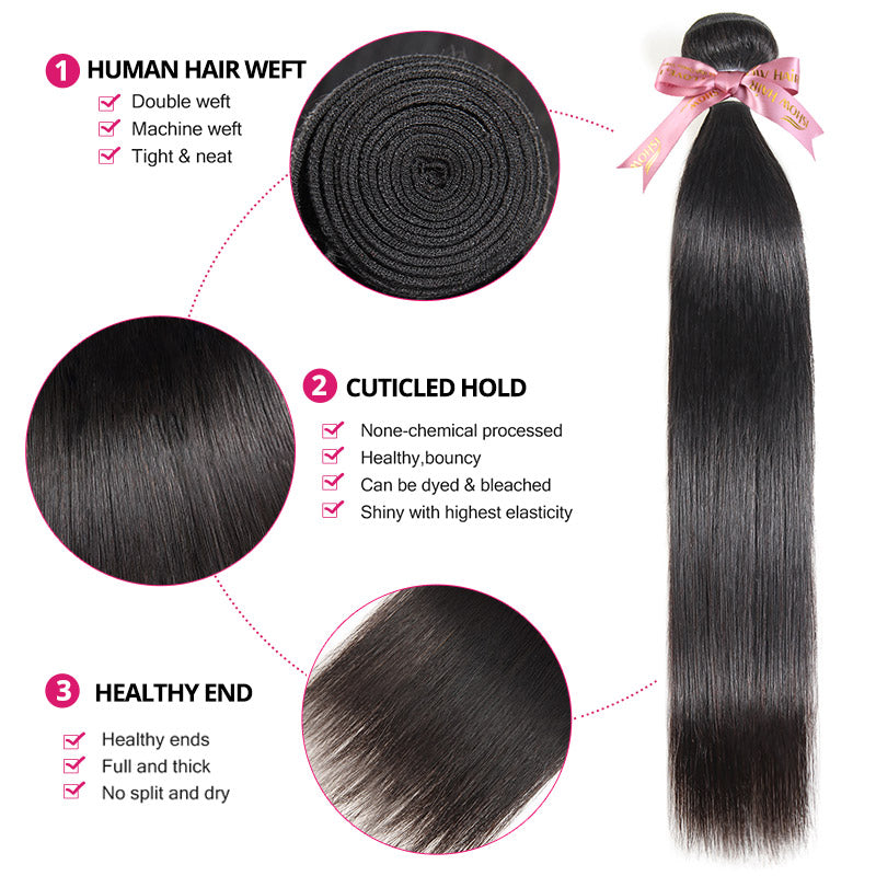 Ishow 12a Grade Straight Black Hair Bundle With Pink Ribbon and Texture Details