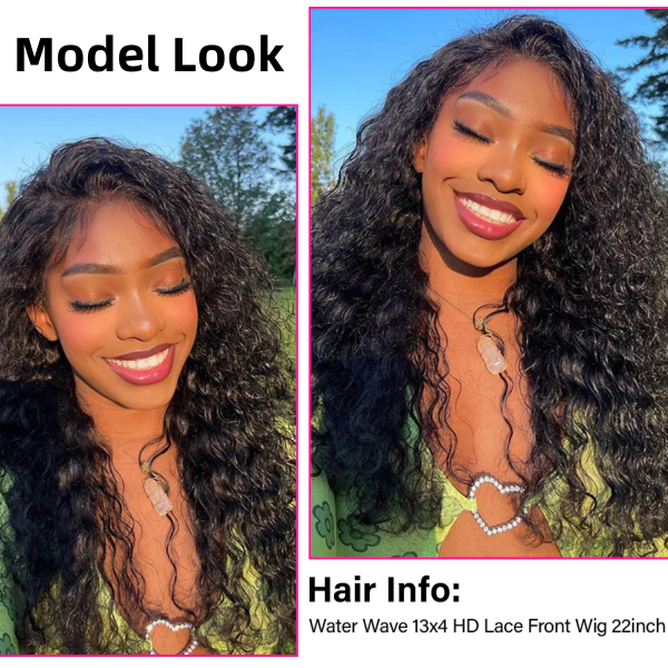 Model in a 22-Inch Water Wave Lace Front Wig, Smiling Outdoors With Natural Hairline