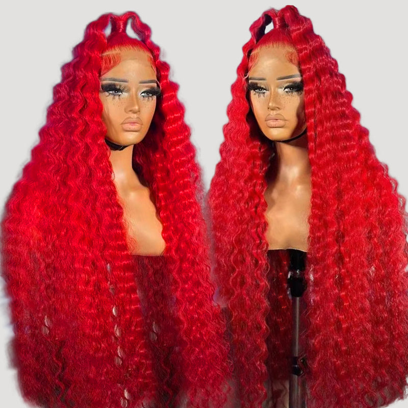 Model Wearing Ishow Pre Plucked Red Deep Wave Lace Front Wig