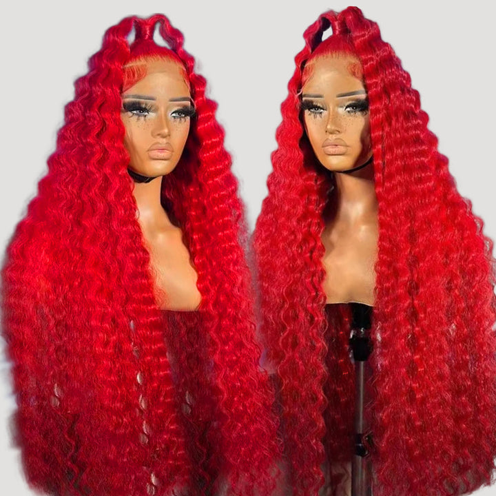 Model Wearing Ishow Pre Plucked Red Deep Wave Lace Front Wig
