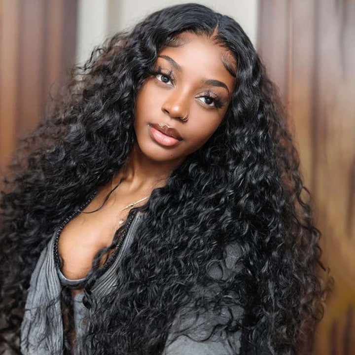 Water Wave Human Hair Wig in Natural Black Color Styled On Model