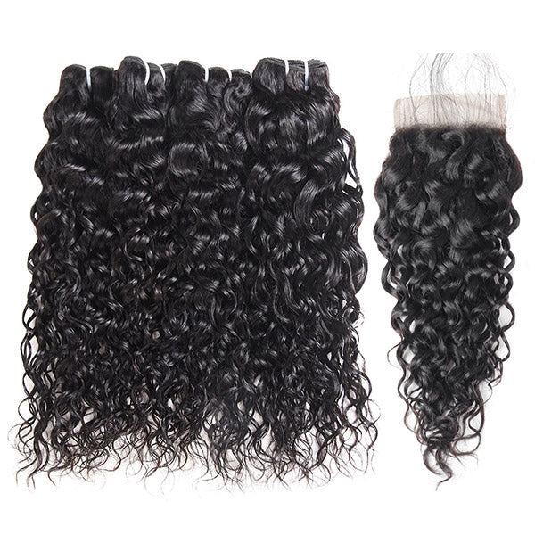 Ishow Beauty Brazilian water wave hair bundles, natural black, 100% Remy virgin human hair, curly texture, set of four extensions