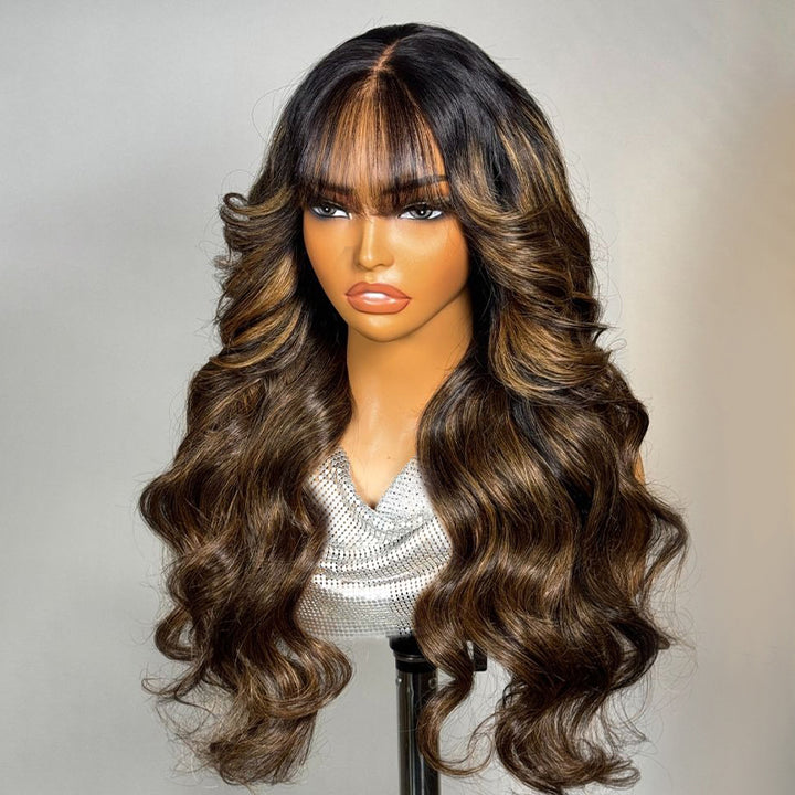 Ishow 13x4 Lace Front Balayage Highlights Human Hair Wigs Ready To Wear Wigs With Invisible Drawstring Loose Body Curtain Bangs Wig