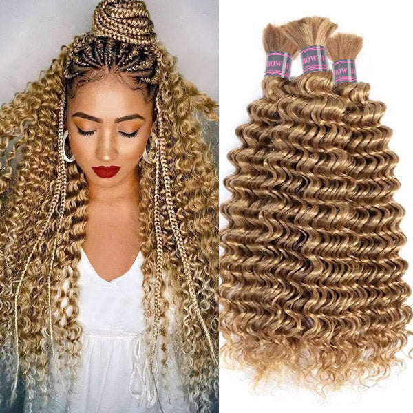 Long honey blonde deep wave braids and three bundles of Ishow #27 Honey Blonde Deep Wave Human Braiding Hair for natural, voluminous styles