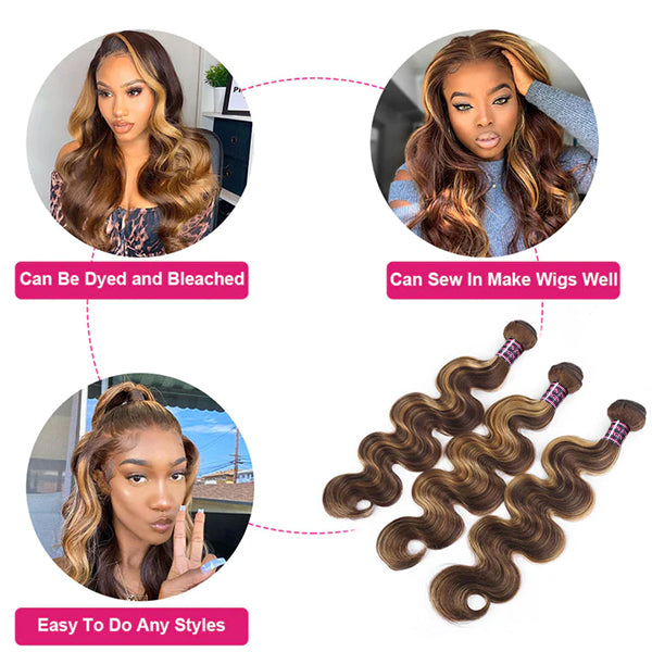 Honey Blonde Body Wave Human Hair Bundles With Styling Tips and Model Images