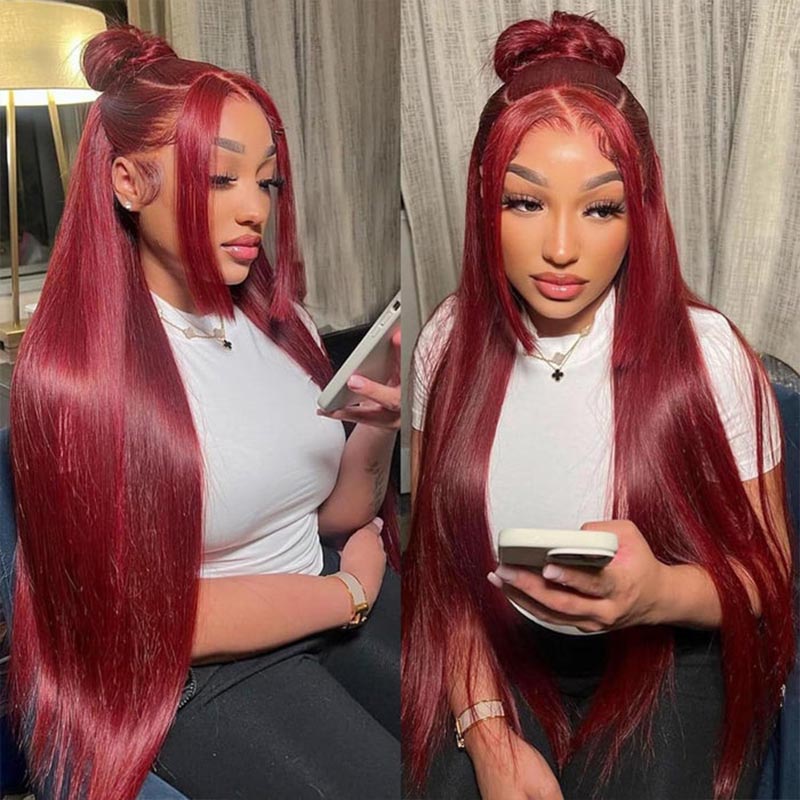Burgundy Lace Front Wigs 32 Inch HD Human Hair Wigs Straight Colored Wigs With Baby Hair