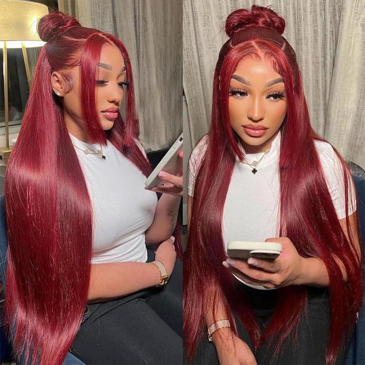 Burgundy Lace Front Wigs 32 Inch HD Human Hair Wigs Straight Colored Wigs With Baby Hair