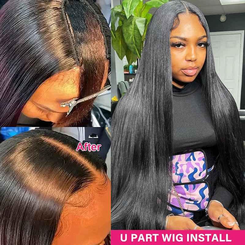 U Part Straight Human Hair Wig Before and After Installation On Mannequin and Model