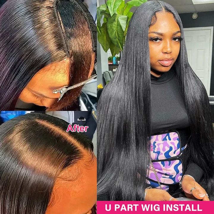 U Part Straight Human Hair Wig Before and After Installation On Mannequin and Model