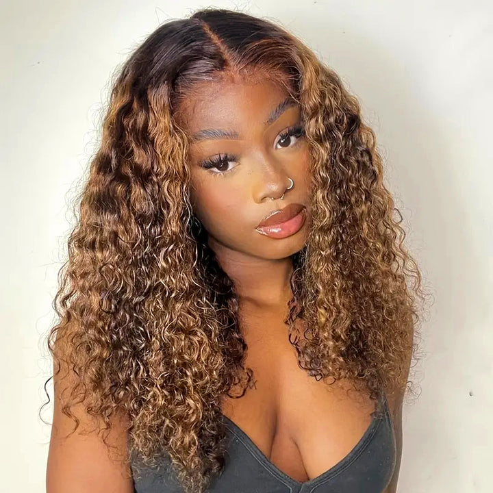 P4/27 Honey Blonde Highlights Lace Front Wig With Soft Curls Model Portrait